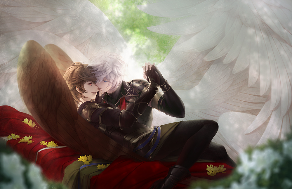 2boys ahoge armor blanket blue_eyes boots breastplate brown_hair brown_wings commentary commentary_request feathered_wings fingerless_gloves flower from_side gloves granblue_fantasy hair_between_eyes holding_hands hood hood_down imminent_kiss light looking_at_another lucifer_(shingeki_no_bahamut) lying messy_hair multiple_boys on_back outdoors petals ruina sandalphon_(granblue_fantasy) shadow short_hair tree white_hair white_wings wings yaoi