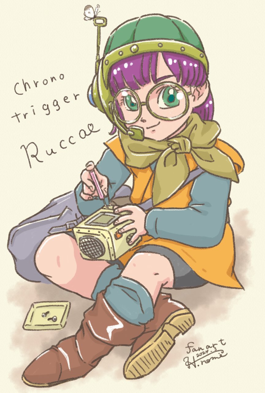 1girl bike_shorts chrono_trigger closed_mouth dated full_body glasses hayashiromi helmet highres looking_at_viewer lucca_ashtear purple_hair scarf short_hair signature simple_background smile solo white_background