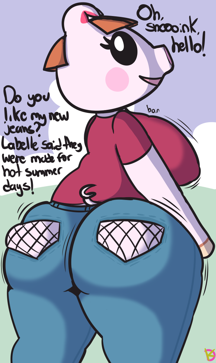 animal_crossing anthro big_breasts bottomwear breasts butt butt_squish clothed clothing denim denim_bottomwear denim_clothing domestic_pig english_text female first_person_view hi_res jeans klutzatdusk looking_at_viewer looking_back lucy_(animal_crossing) mammal nintendo pants skimpy slightly_chubby slightly_chubby_female solo squish suid suina sus_(pig) text tight_clothing