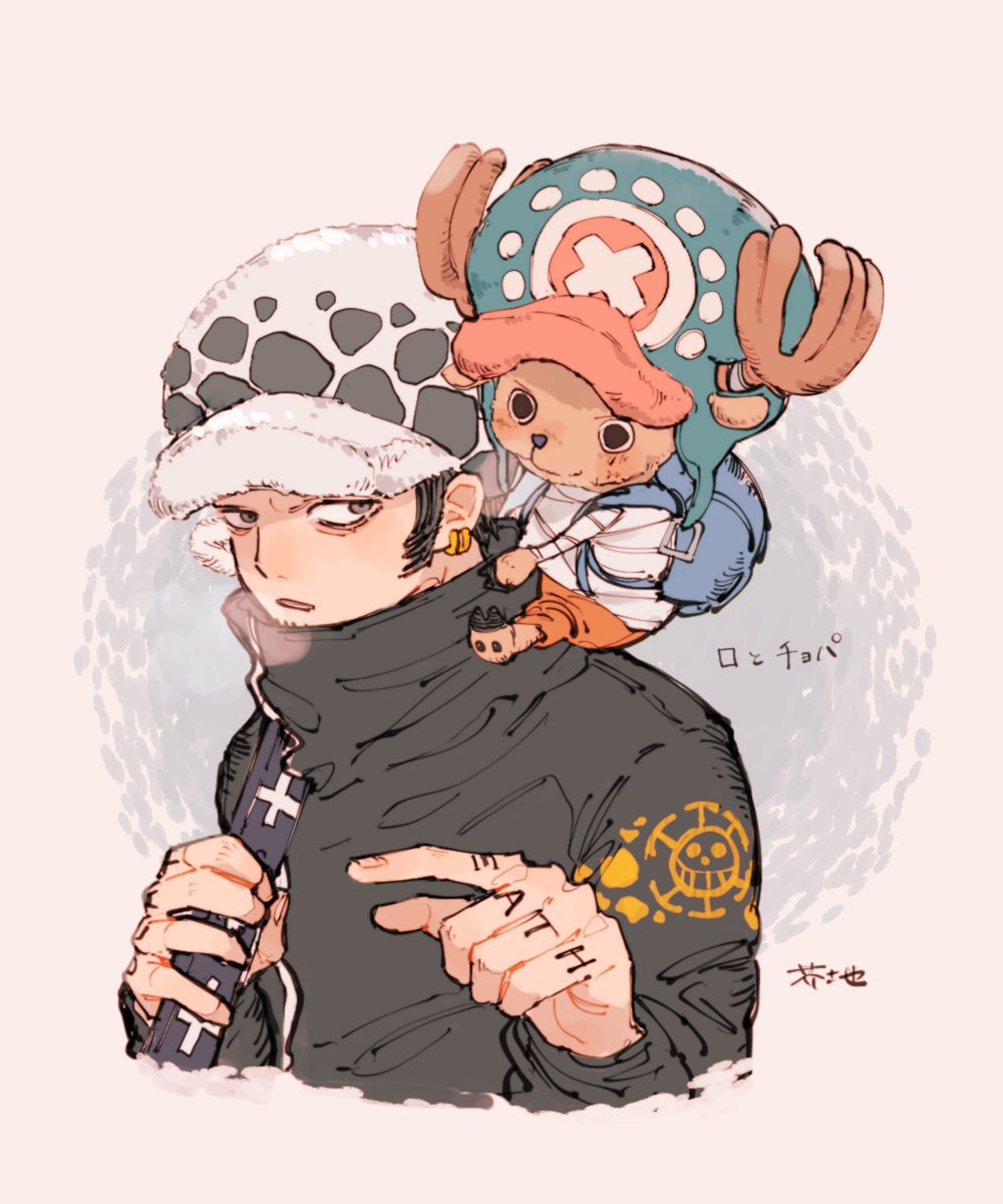 2boys akuta_ji antlers bag bandages black_coat black_hair blue_bag coat commentary_request cropped_torso cross earrings hand_tattoo hat high_collar highres holding holding_sword holding_weapon horns jewelry looking_ahead male_focus multiple_boys on_shoulder one_piece orange_shorts pointing pointing_forward reindeer_antlers shorts shoulder_bag sideburns sword tattoo tony_tony_chopper trafalgar_law weapon
