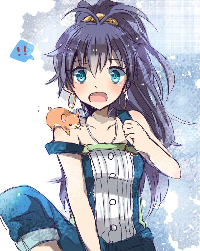 1girl animal black_hair blue_eyes earrings ganaha_hibiki hamster hamuzou idolmaster idolmaster_(classic) jewelry long_hair necklace overalls pin_(artist) ponytail smile spoken_exclamation_mark