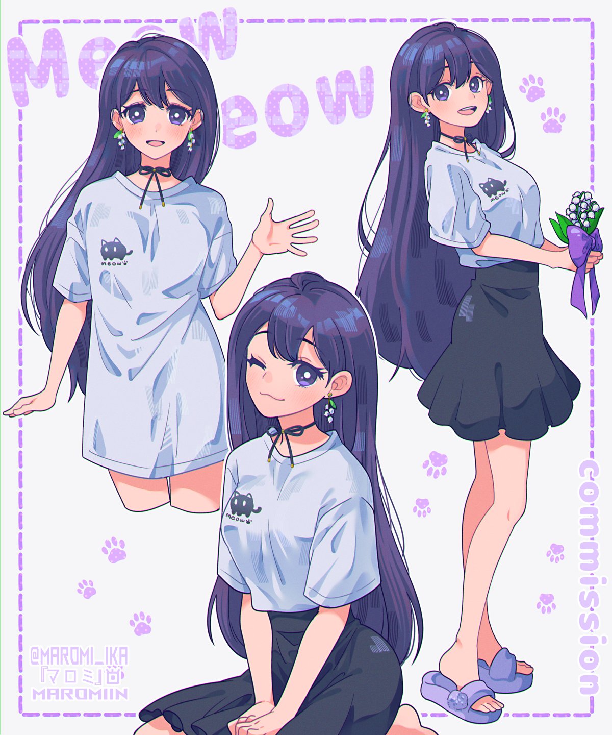 1girl :3 :d artist_name black_ribbon black_skirt blush bow closed_mouth commission cropped_legs high-waist_skirt highres holding holding_plant inset_border legs_together long_sleeves looking_at_viewer mari_(faraway)_(omori) mari_(omori) maromichan multiple_views neck_ribbon no_pants omori one_eye_closed open_mouth plant pleated_skirt print_shirt purple_bow purple_eyes purple_footwear purple_hair ribbon sandals shirt simple_background skirt smile thigh_gap twitter_username white_background white_shirt
