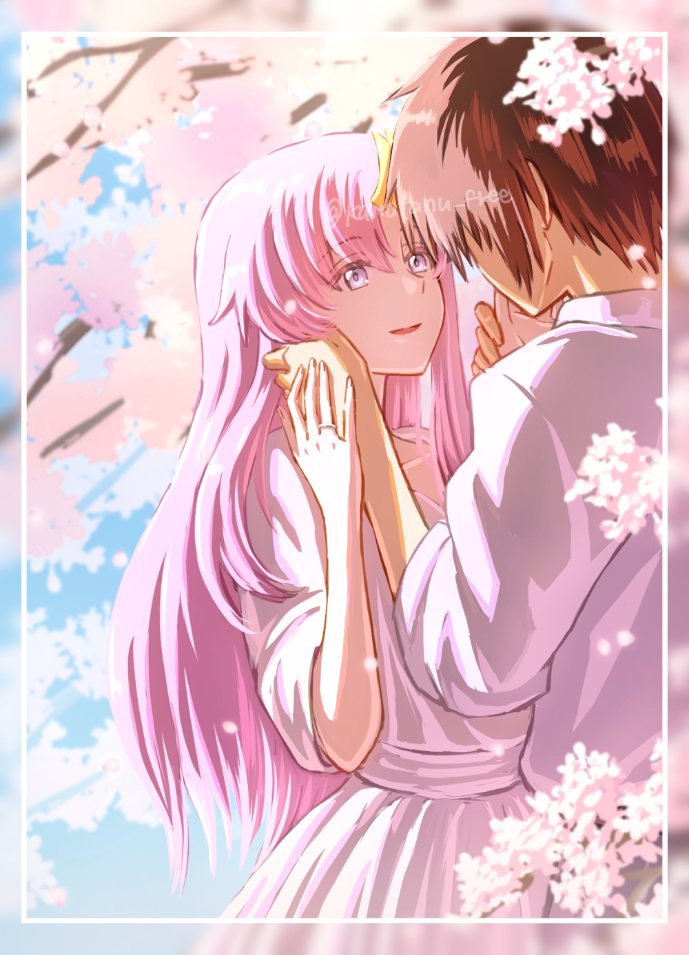 1boy 1girl brown_hair cherry_blossoms dress gundam gundam_seed gundam_seed_freedom highres holding_hands jewelry kamatanu_free kira_yamato lacus_clyne long_hair looking_at_another pink_eyes pink_hair ring shirt short_hair straight_hair white_dress white_shirt