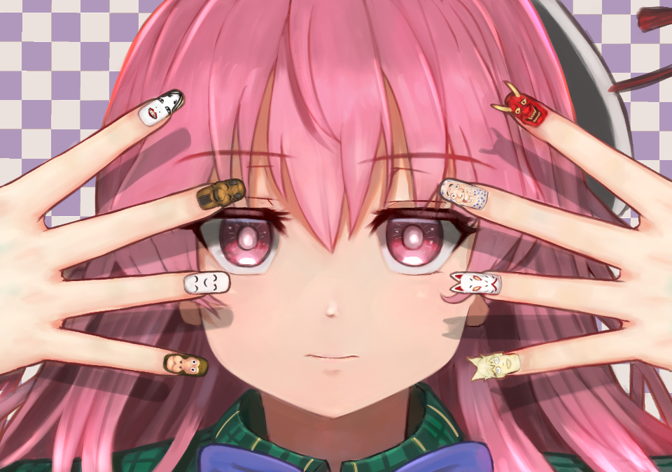 1girl checkered_background closed_mouth commentary_request expressionless fingernails fox_mask green_shirt hair_between_eyes hannya hata_no_kokoro hyottoko_mask long_hair looking_at_viewer luke_(kyeftss) mask medium_bangs monkey_mask multicolored_nails nail_art nail_polish new_mask_of_hope noh_mask pink_eyes pink_hair portrait shirt solo touhou