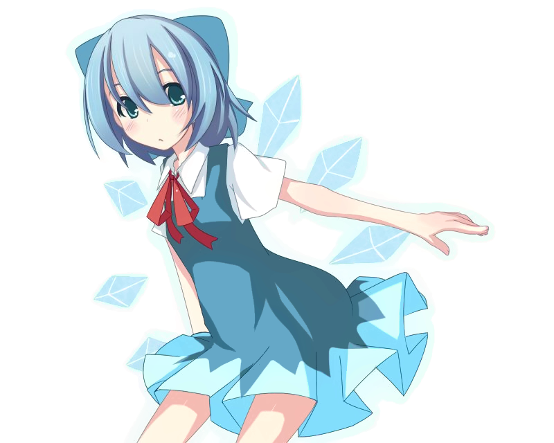 blue_eyes blue_hair bow cirno dress hair_bow ice short_hair simple_background solo somnium touhou white_background wings