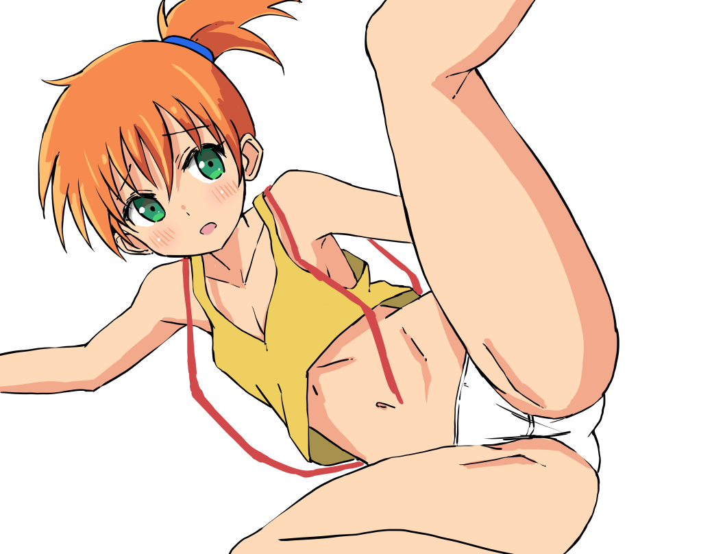 1girl bare_shoulders breasts green_eyes kneepits leg_up medium_hair misty_(pokemon) navel open_mouth orange_hair panties pokemon shirt shougakusei simple_background sleeveless sleeveless_shirt small_breasts solo stomach suspenders tareme underwear white_background white_panties yellow_shirt