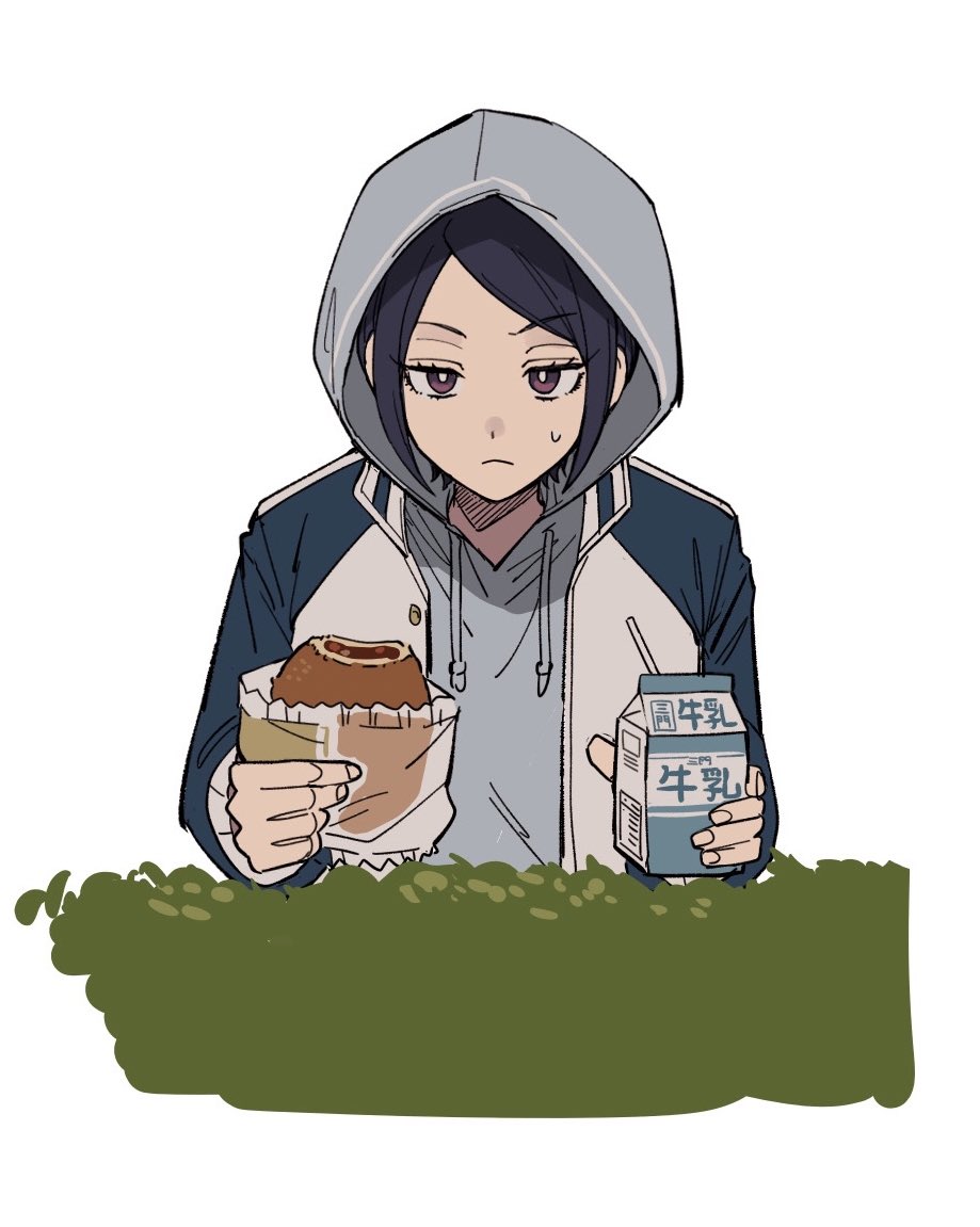 1girl aoi_(yooo009) bread bush closed_mouth drink drinking_straw food grey_hoodie holding holding_food holding_milk_carton hood hood_up hooded_jacket hoodie jacket jitome kitora_ai long_sleeves milk_carton open_clothes open_jacket parted_bangs purple_eyes ranguage short_hair simple_background solo sweatdrop upper_body white_background world_trigger