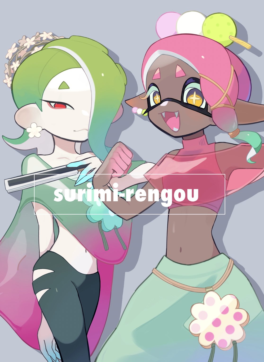 2girls cephalopod_eyes dark-skinned_female dark_skin earrings flower frye_(splatoon) green_hair hair_flower hair_ornament highres hona564627 inkling jewelry multiple_earrings multiple_girls octoling open_mouth pink_hair red_eyes shiver_(splatoon) splatoon_(series) splatoon_3 suction_cups tentacle_hair yellow_eyes