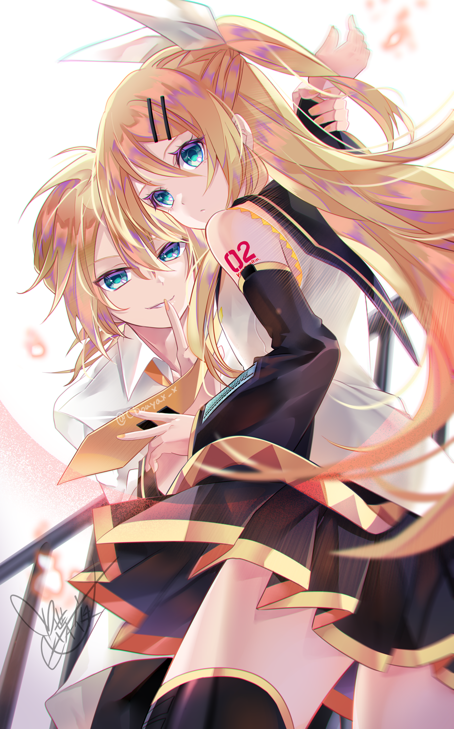 1boy 1girl arm_tattoo arms_up black_sailor_collar black_skirt black_thighhighs blonde_hair blue_eyes bow brother_and_sister chromatic_aberration closed_mouth floating_hair grin hair_between_eyes hair_bow hair_ornament hairclip highres holding_another's_wrist index_finger_raised kagamine_len kagamine_rin long_hair looking_back miniskirt necktie number_tattoo pleated_skirt sailor_collar sailor_shirt shirt siblings signature skirt sleeveless sleeveless_shirt smile solo tattoo thighhighs tyouya very_long_hair vocaloid white_background white_bow white_shirt yellow_necktie zettai_ryouiki