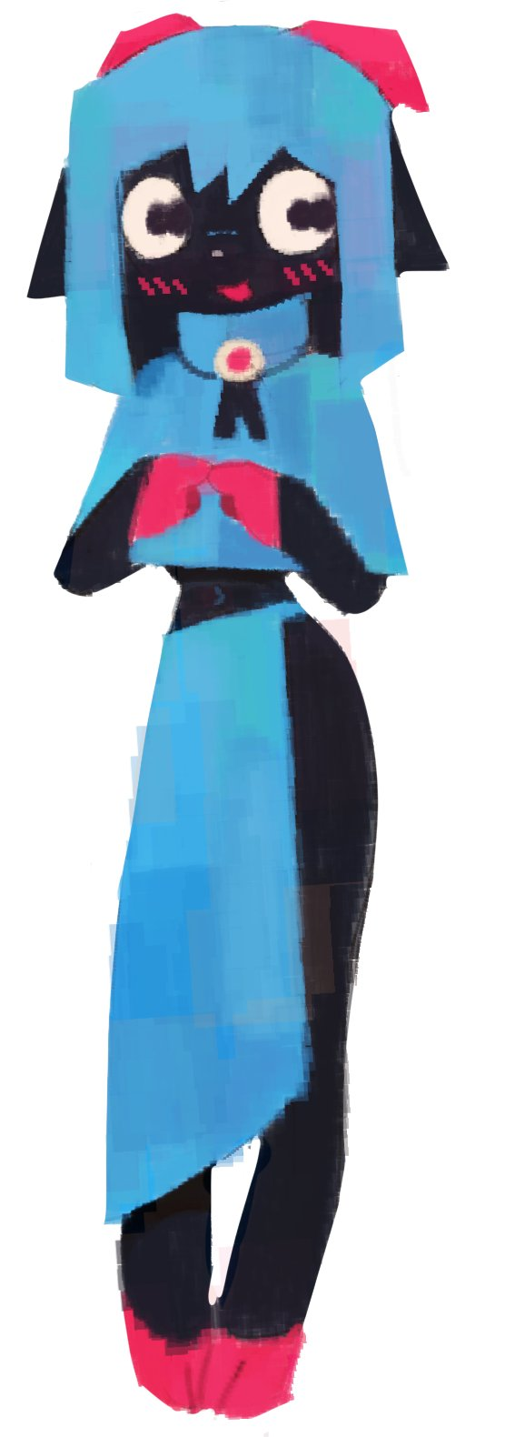 2023 amara_(axedraws) anthro black_body black_fur blue_bottomwear blue_capelet blue_clothing blue_hair blue_skirt blush blush_lines bottomwear bovid capelet caprine clothed clothing digital_media_(artwork) digital_painting_(artwork) dogmasque9999 female full-length_portrait fully_clothed fur goat hair hair_between_eyes hi_res hooves horizontal_pupils horn index_to_index mammal midriff navel open_mouth open_smile pink_blush pink_hooves pink_horn portrait pupils shaded simple_background skirt slit_skirt smile solo standing unguligrade white_background