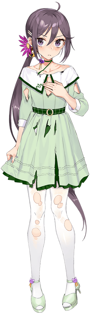 1girl akebono_(11th_anniversary)_(kancolle) akebono_(kancolle) bell blush burnt_clothes collarbone dress drew_(drew213g) flower full_body green_dress hair_bell hair_between_eyes hair_flower hair_ornament hand_on_own_chest jingle_bell kantai_collection long_hair official_alternate_costume official_art pantyhose purple_eyes purple_flower purple_hair side_ponytail solo tachi-e transparent_background white_pantyhose