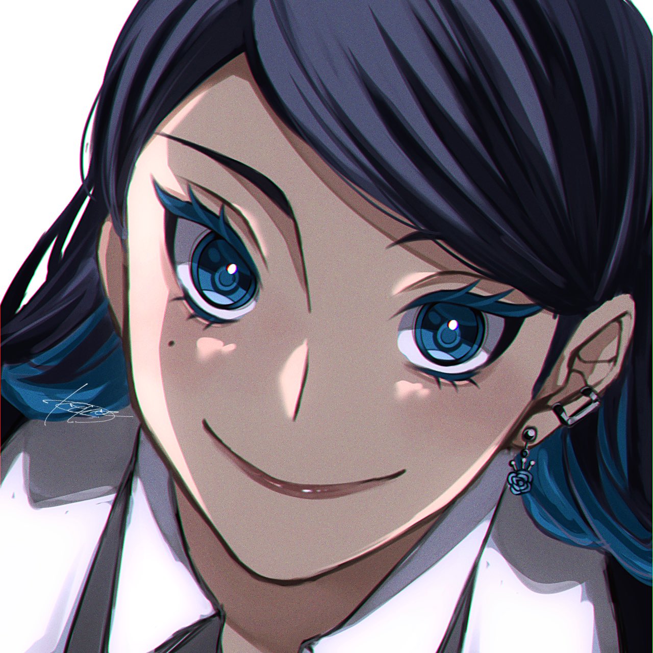 1girl ado_(utaite) black_hair blue_eyes blue_hair chando_(ado) chromatic_aberration close-up closed_mouth cloud_nine_inc colored_inner_hair commentary_request earclip earrings film_grain highres jewelry keeko_(kk_0012) long_hair looking_at_viewer mole mole_under_eye multicolored_hair portrait signature simple_background smile solo two-tone_hair utaite white_background