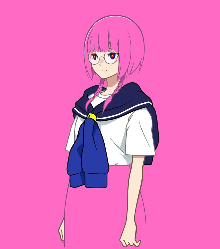 1girl alternate_costume arms_at_sides bespectacled blue_eyes braid closed_mouth commentary_request cropped_legs glasses hair_over_shoulder kaf_(kamitsubaki_studio) kamitsubaki_studio looking_ahead low_twin_braids multicolored_eyes panasonynet pink_hair pink_skirt red_eyes round_eyewear shirt short_sleeves skirt smile solo sweater_around_neck t-shirt twin_braids virtual_youtuber white_shirt yellow_pupils