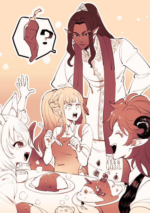 1boy 3girls animal_ear_fluff apron bishounen braid brown_background brown_theme cat_girl closed_eyes closed_mouth collared_shirt colored_eyelashes commentary_request curled_horns curry curry_rice dark-skinned_male dark_skin demon_girl demon_horns fingernails fins food furry furry_female gensoudanshi gradient_background hands_on_own_hips hands_up head_fins high_ponytail horns indian_clothes lamia_boy long_hair long_sleeves looking_at_another looking_at_food looking_up monochrome monster_boy multiple_girls original pointy_ears rice sharp_fingernails shirt sidelocks simple_background table upper_body