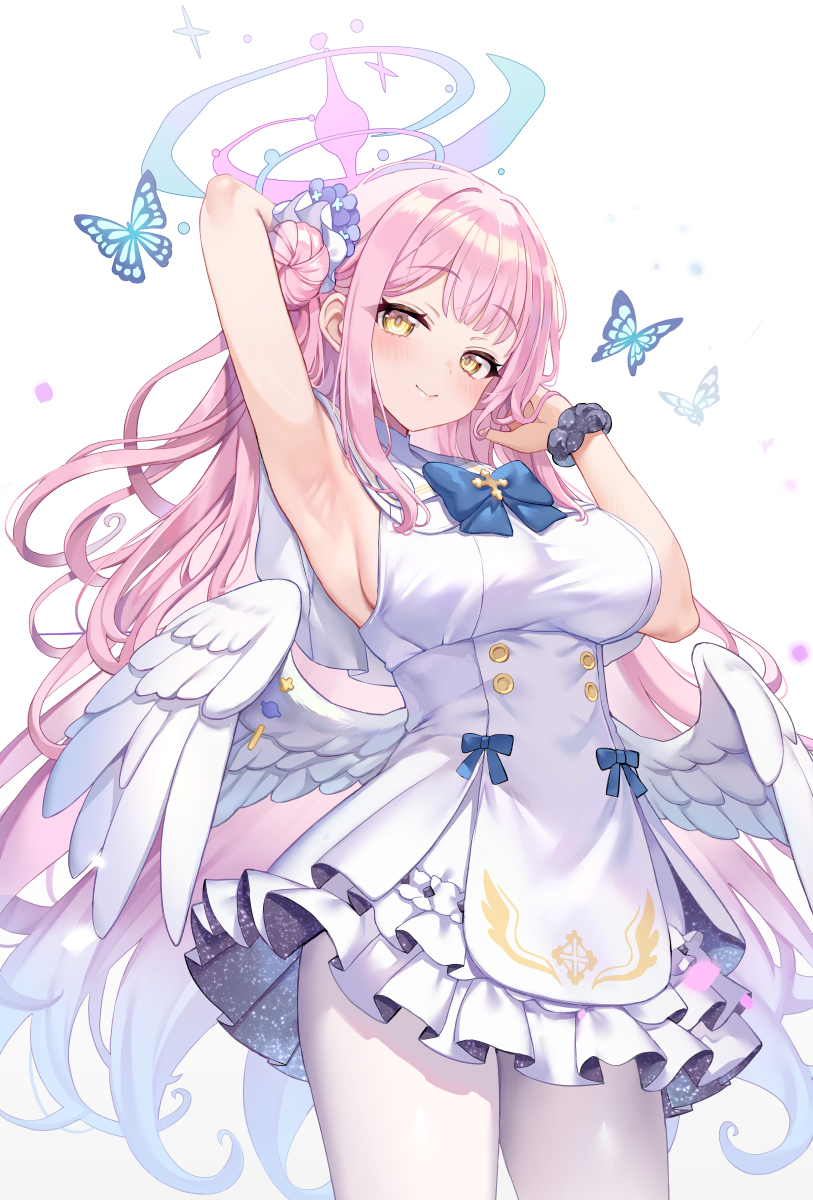 1girl angel_wings armpits black_scrunchie blue_archive blue_ribbon blush breasts bug butterfly buttons capelet dress feathered_wings frilled_ribbon frills gradient_hair hair_bun halo highres hime_cut kaworu_(1030) long_hair looking_at_viewer low_wings mika_(blue_archive) multicolored_hair naughty_face no_bra pantyhose pink_hair pink_halo presenting presenting_armpit raised_eyebrows ribbon scrunchie sideboob simple_background single_side_bun smile solo white_capelet white_dress white_pantyhose white_wings wing_ornament wings wrist_scrunchie yellow_eyes