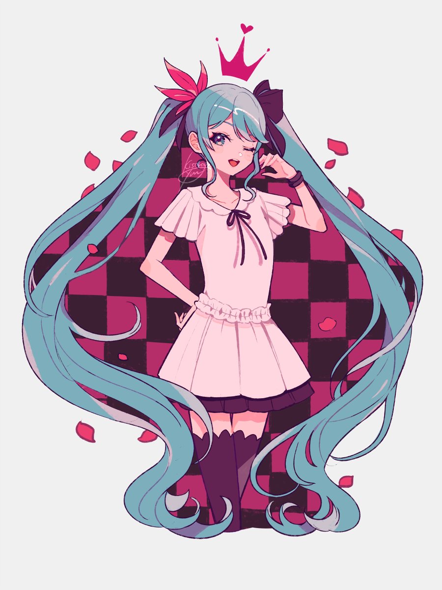 1girl aqua_eyes aqua_hair black_ribbon black_skirt black_thighhighs bracelet checkered_background commentary crown dress feather_hair_ornament feathers flower flower_on_head hair_ornament hair_ribbon hand_on_own_hip hatsune_miku heart highres jewelry kisaragi_yuu_(fallen_sky) long_hair open_mouth petals project_diva_(series) red_feathers ribbon signature skirt supreme_(module) thighhighs twintails very_long_hair vocaloid white_dress world_is_mine_(vocaloid)