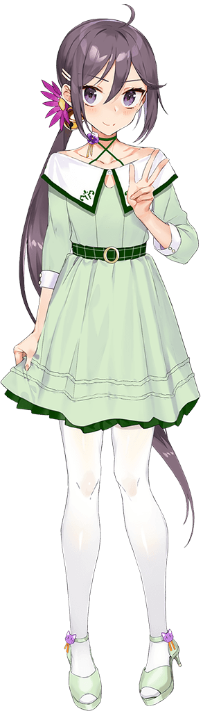 1girl akebono_(11th_anniversary)_(kancolle) akebono_(kancolle) bell blush collarbone dress drew_(drew213g) flower full_body green_dress hair_bell hair_between_eyes hair_flower hair_ornament jingle_bell kantai_collection long_hair official_alternate_costume official_art pantyhose purple_eyes purple_flower purple_hair side_ponytail solo tachi-e transparent_background v white_pantyhose