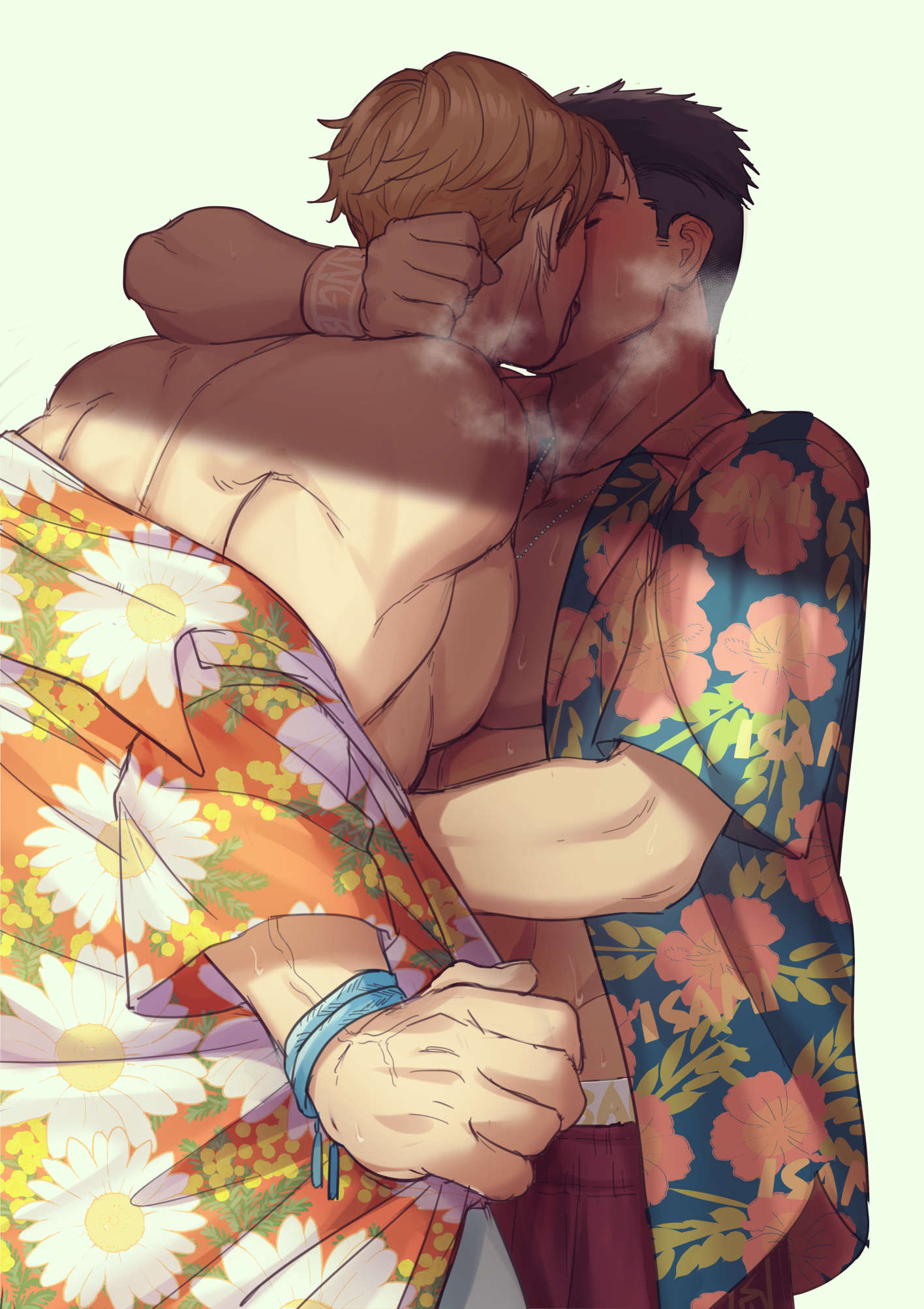 2boys adam's_apple ao_isami arm_around_neck bara black_hair blonde_hair clothes_writing couple facial_hair french_kiss hawaiian_shirt heavy_breathing highres kiss large_pectorals lewis_smith male_focus male_underwear male_underwear_peek multiple_boys muscular muscular_male off_shoulder official_alternate_costume pectoral_docking pectoral_press pectorals profile shirt sideburns_stubble stubble sweat thick_eyebrows three_quarter_view tongue tongue_out undercut underwear undressing veins veiny_arms veiny_hands yaoi yuuki_bakuhatsu_bang_bravern yuzuki_(hmr813k)