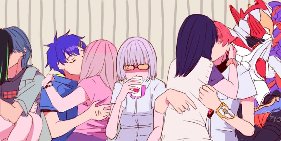 4girls 6+boys acceptor asanaka_yomogi black_hair blue_hair bow broken_eyewear brown_hair collared_shirt couple glasses gridknight_(ssss.gridman) gridman_(ssss) gridman_universe gridman_universe_(film) gridman_universe_fighter hair_ornament hairclip hassu hetero hibiki_yuuta jacket kiss long_hair minami_yume multicolored_hair multiple_boys multiple_girls necktie red_hair risyo school_uniform scrunchie shinjou_akane shirt short_hair short_sleeves skirt takarada_rikka utsumi_shou white_shirt wing_collar wrist_scrunchie