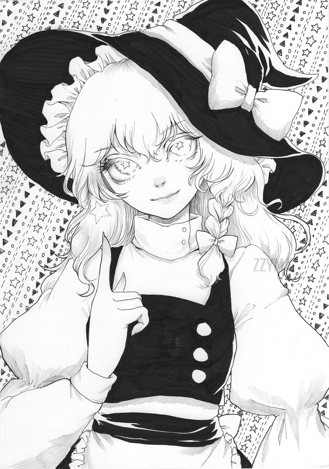 1girl apron artist_name black_hat black_vest blonde_hair braid buttons frilled_hat frills greyscale hair_between_eyes hat hat_ornament hat_ribbon highres johnalay juliet_sleeves kirisame_marisa long_hair long_sleeves looking_at_viewer monochrome puffy_long_sleeves puffy_sleeves ribbon ribbon_braid sleeves_past_wrists smile star-shaped_pupils star_(symbol) starry_background symbol-shaped_pupils touhou traditional_media turtleneck vest waist_apron wavy_hair witch witch_hat