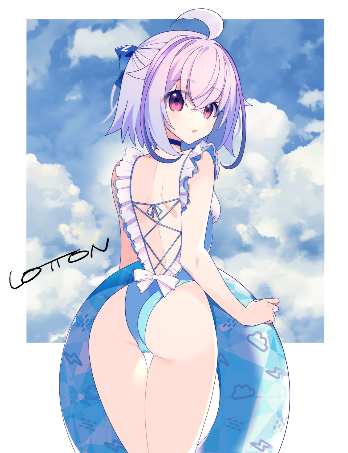 1girl ahoge antenna_hair artist_name ass azure_striker_gunvolt back backless_outfit bikini blue_one-piece_swimsuit cloud cross-laced_bikini cross-laced_clothes from_behind highres joule_(gunvolt) lololotton looking_at_viewer looking_back one-piece_swimsuit purple_eyes purple_hair short_hair sky solo swim_ring swimsuit
