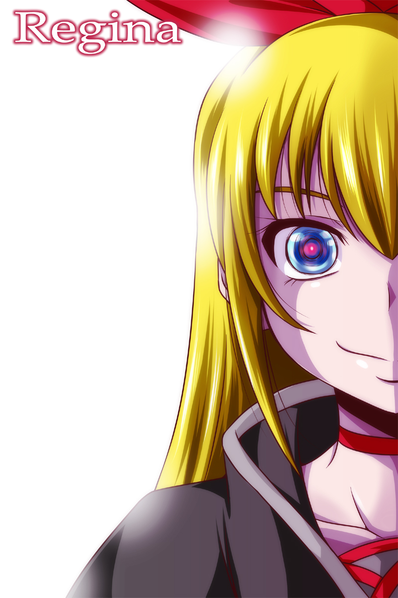 blonde_hair blue_eyes character_name choker closed_mouth dokidoki!_precure english eyelashes hair_ornament hair_ribbon highres jacket long_hair looking_at_viewer nishi_koutarou out_of_frame portrait precure red_eyes red_ribbon regina_(dokidoki!_precure) ribbon simple_background smile solo white_background