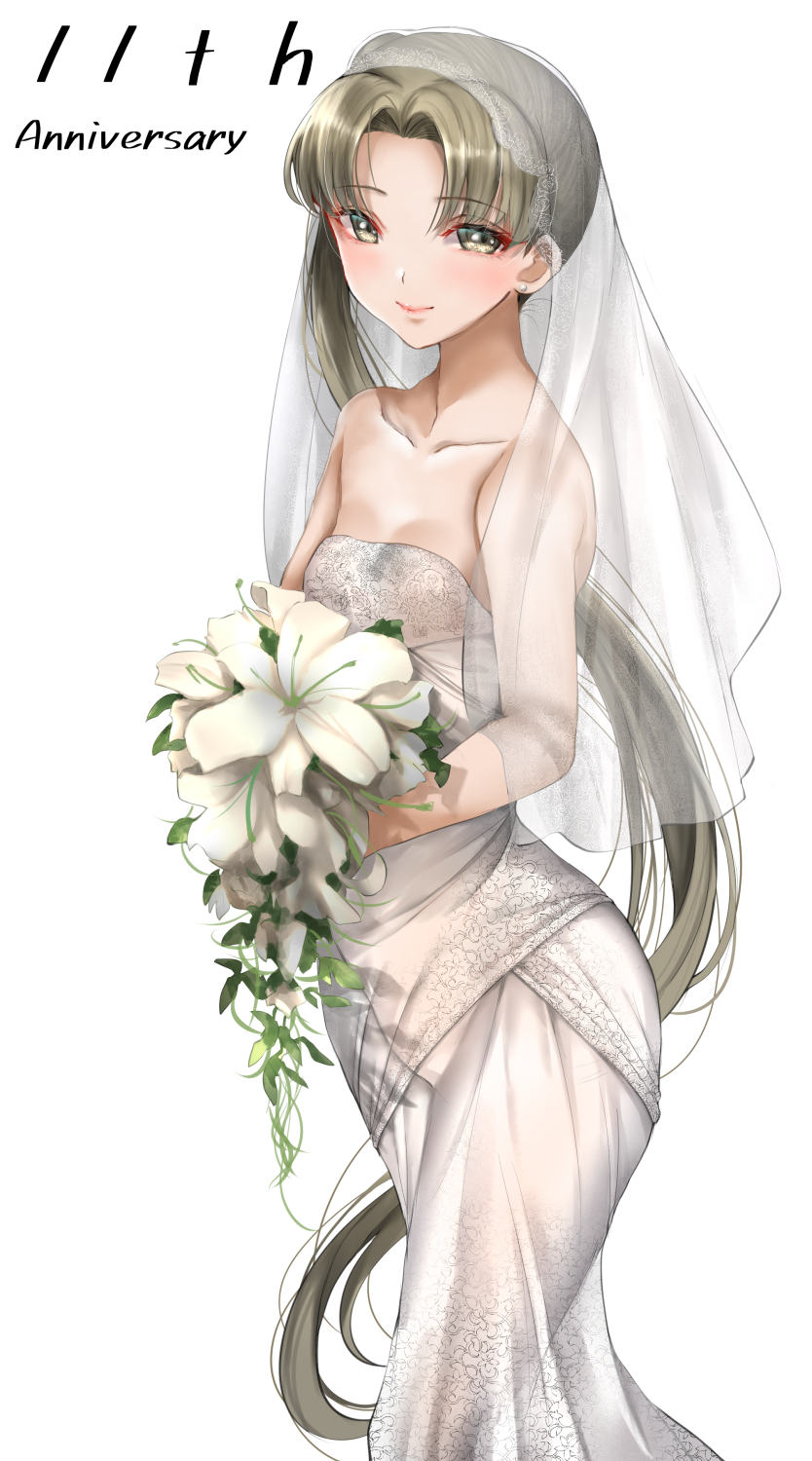 1girl alternate_costume anniversary ayanami_(kancolle) bare_shoulders bouquet breasts bridal_veil dress feet_out_of_frame highres holding holding_bouquet kantai_collection long_hair side_ponytail small_breasts solo tororo_ten veil wedding_dress white_dress