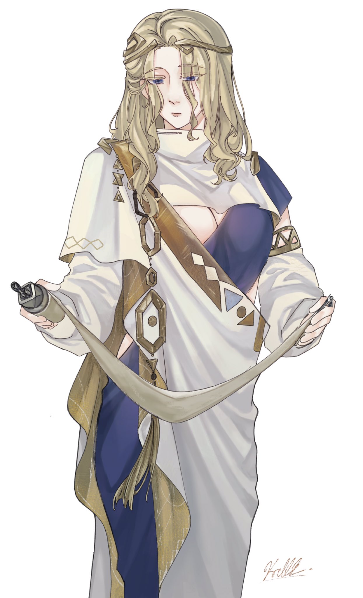 1girl 6_(reverse:1999) ancient_greek_clothes blonde_hair blue_eyes breasts circlet cleavage cleavage_cutout clothing_cutout colored_eyelashes cowboy_shot eyes_visible_through_hair genderswap genderswap_(mtf) greco-roman_clothes hair_over_one_eye highres himation holding holding_scroll li_linhua long_hair long_sleeves looking_down reverse:1999 scroll signature solo white_background