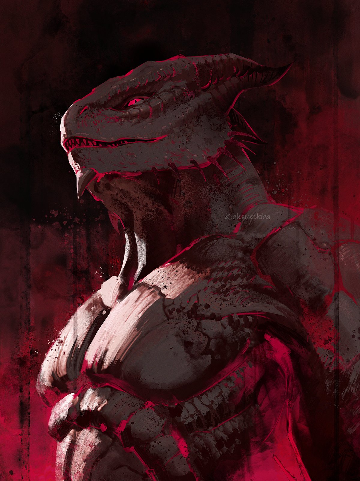 1boy aleksandra_skiba artist_name baldur's_gate baldur's_gate_3 dragon_boy dragon_horns dungeons_&amp;_dragons from_side furry furry_male highres horns looking_at_viewer male_focus muscular muscular_male paint parted_lips pink_background pink_eyes scales sharp_teeth signature slit_pupils solo spikes teeth the_dark_urge_(baldur's_gate) topless_male upper_body