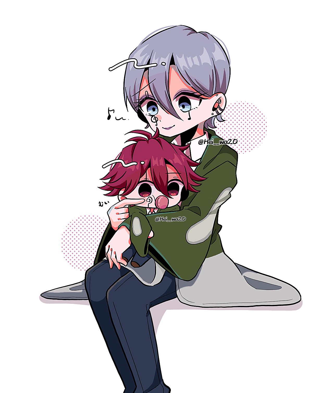 2boys baby black_pants carpaccio_luo-yang collared_shirt earrings facial_mark green_robe grey_hair hei_wa20 highres jewelry long_sleeves margarette_macaron mashle multiple_boys pacifier pants red_eyes red_hair robe shirt short_hair sitting smile spiked_hair stud_earrings wide_sleeves