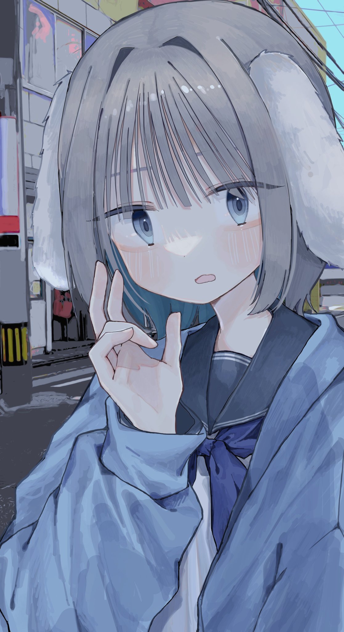 1girl animal_ears black_sailor_collar blue_eyes blue_hair blue_jacket blue_neckerchief blush building choppy_bangs colored_inner_hair day floppy_ears grey_hair hair_intakes hand_up highres hood hood_down hooded_jacket jacket long_bangs long_sleeves looking_at_viewer multicolored_hair neckerchief open_clothes open_jacket open_mouth original outdoors rabbit_ears rabbit_girl sailor_collar shadow shirt solo uo_yuo upper_body white_shirt