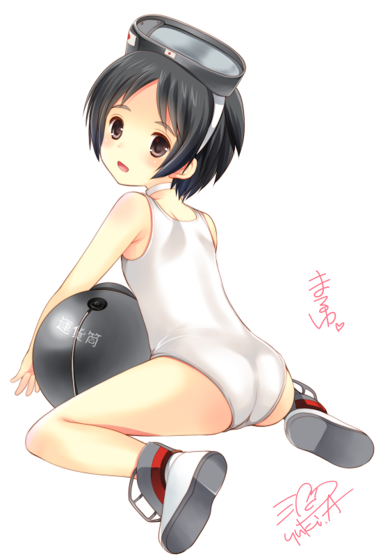 :d ass azuma_yuki black_hair blush boots brown_eyes character_name diving_mask eyebrows kantai_collection looking_back maru-yu_(kantai_collection) mask mask_on_head one-piece_swimsuit open_mouth school_swimsuit short_hair signature sitting smile solo swimsuit white_school_swimsuit white_swimsuit