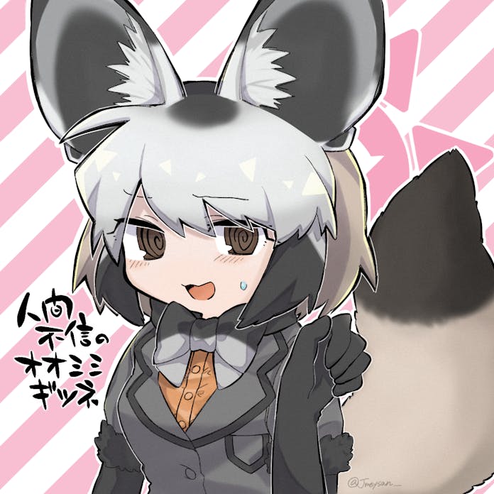 1girl :3 :d @_@ animal_ear_fluff animal_ears bat-eared_fox_(kemono_friends) black_gloves black_hair bow bowtie brown_eyes fox_ears gloves grey_hair grey_jacket hand_up jacket jmeysan kemono_friends looking_at_viewer multicolored_hair open_mouth orange_shirt shirt short_hair short_sleeves smile solo striped_background sweatdrop tail translation_request upper_body