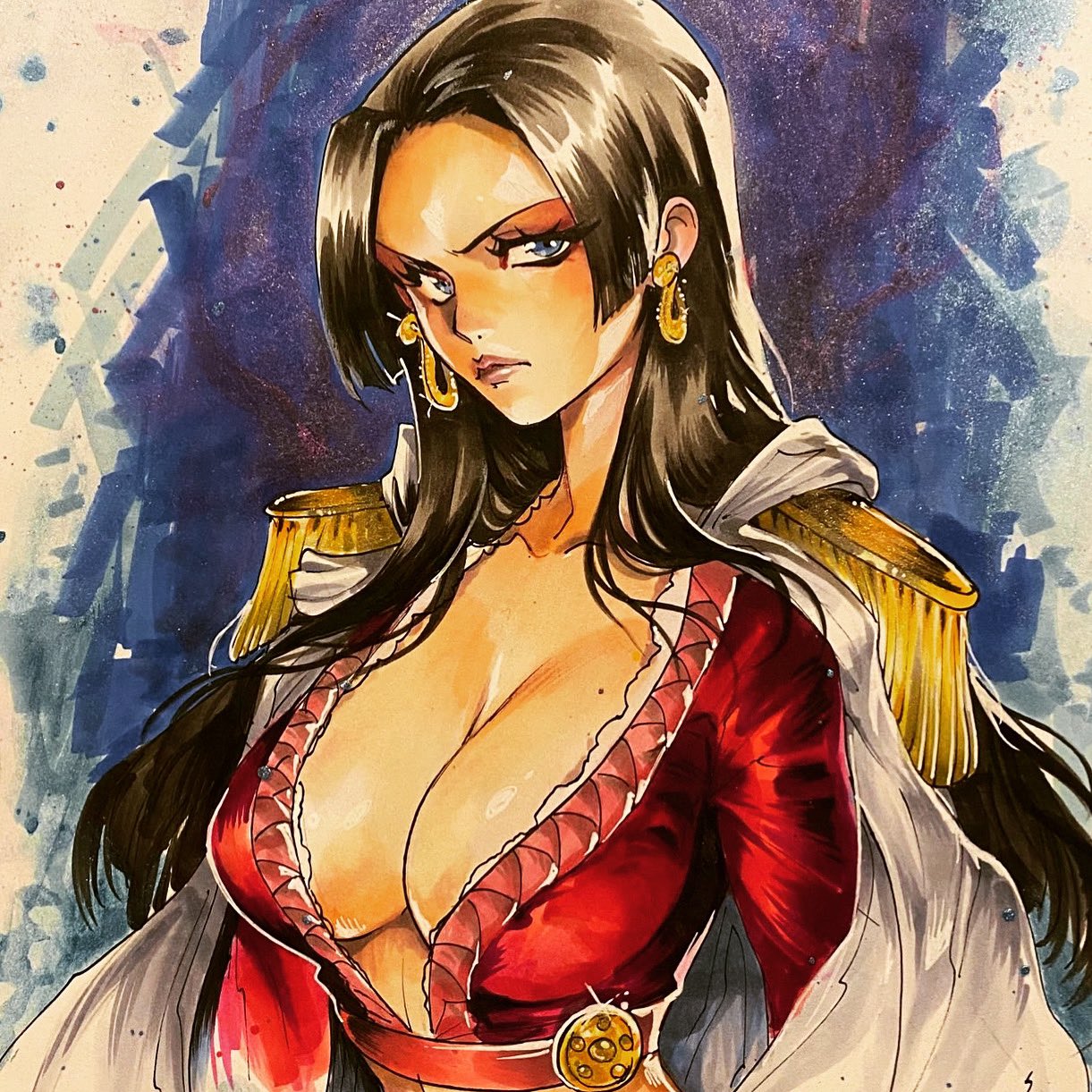 1girl black_hair blue_background blue_eyes boa_hancock breasts cape closed_mouth crop_top earrings epaulettes eyelashes highres hime_cut hood hooded_cape jewelry large_breasts long_hair mirka_andolfo one_piece pink_lips plunging_neckline red_shirt shirt snake_earrings solo upper_body white_cape