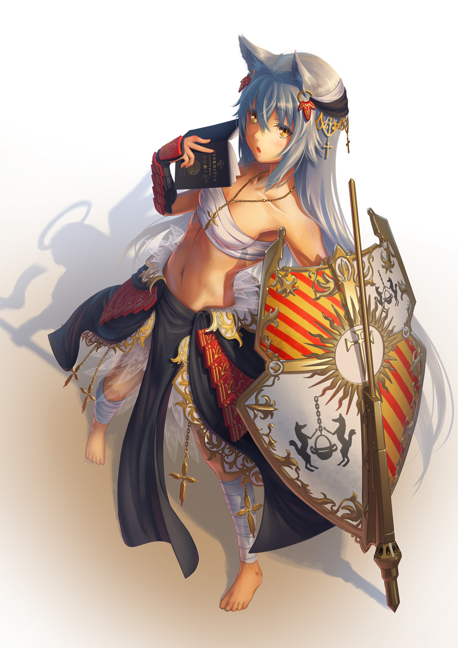 animal_ears ankle_wrap bare_shoulders barefoot book brown_eyes collarbone faulds feet from_above grey_hair highres jewelry looking_at_viewer midriff navel necklace original pinakes sarashi shield solo sunburst