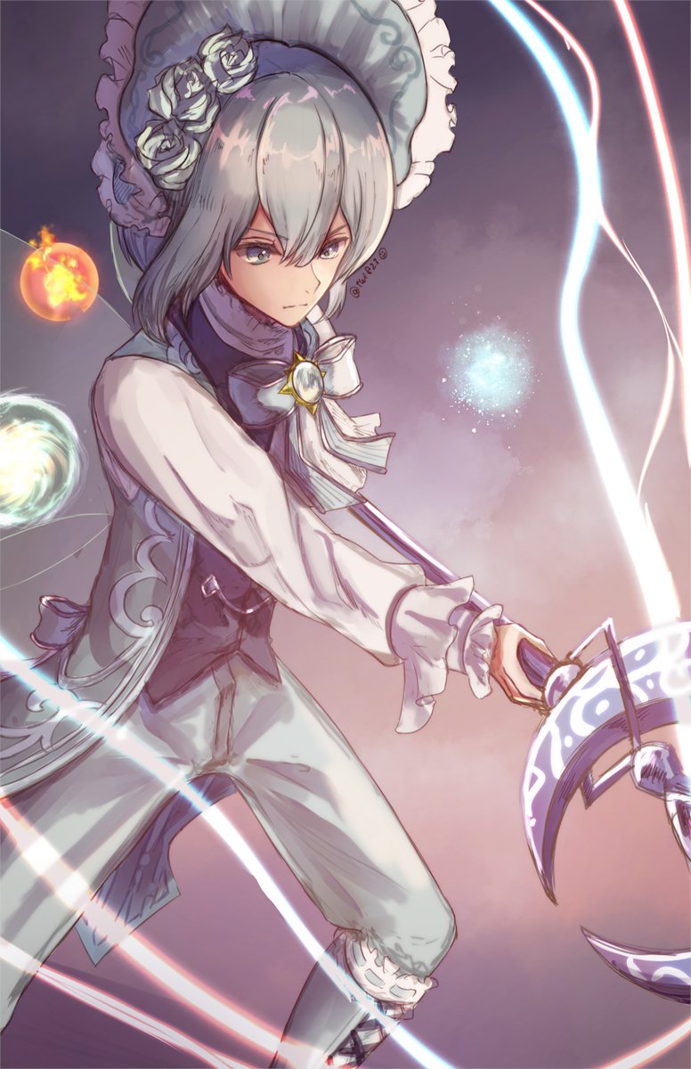 1boy 823/natalia arch_bishop_(ragnarok_online) black_shirt blue_bow blue_bowtie blue_eyes blue_flower blue_hair blue_hat blue_pants blue_rose blue_vest bonnet bow bowtie closed_mouth commentary_request feet_out_of_frame flower frilled_sleeves frills frown grey_background hair_between_eyes hair_flower hair_ornament hat hat_flower highres holding holding_staff long_bangs long_sleeves mage_staff magic male_focus pants ragnarok_masters ragnarok_online rose shirt short_hair solo staff vest