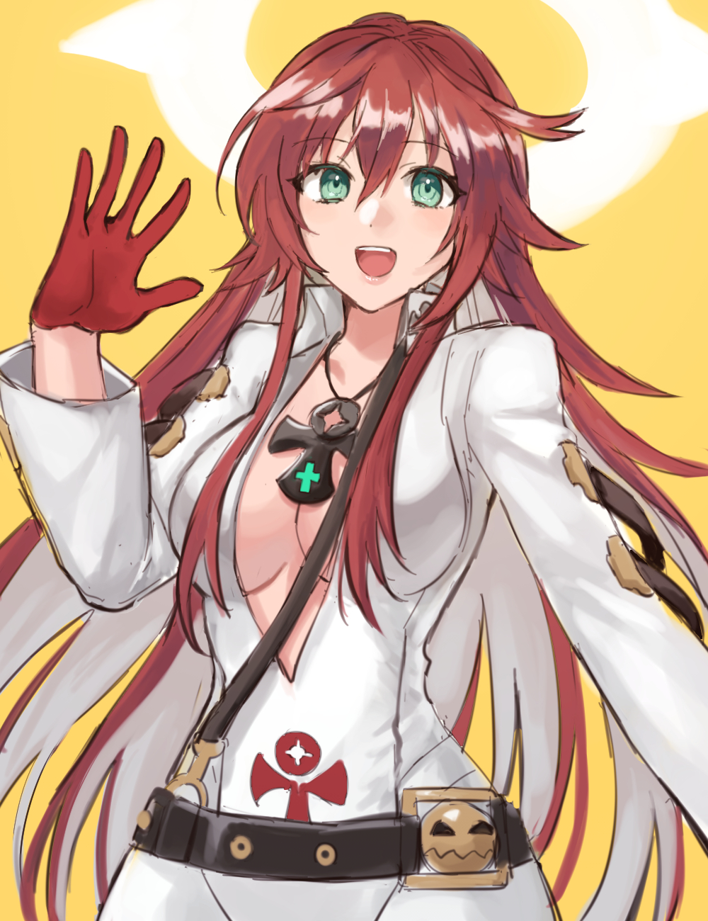 1girl arm_up belt bodysuit breasts cleavage gloves green_eyes guilty_gear guilty_gear_strive hair_between_eyes halo hand_up hazuki_(nyorosuke) highres jack-o'_valentine long_hair looking_at_viewer multicolored_hair open_mouth red_hair smile solo spiked_halo teeth two-tone_hair upper_teeth_only waving white_bodysuit white_hair