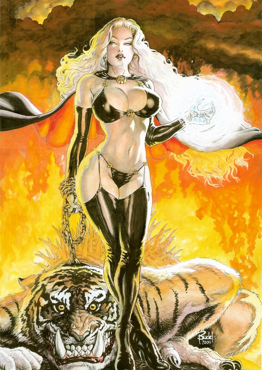 breasts budd_root chaos!_comics highres lady_death large_breasts long_hair monster tiger white_hair