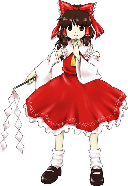 ascot bow brown_eyes brown_hair detached_sleeves dress gohei hair_bow hair_tubes hakurei_reimu long_sleeves looking_at_viewer official_style oota_jun'ya_(style) parody red_dress shirosato smile solo style_parody touhou transparent_background wide_sleeves