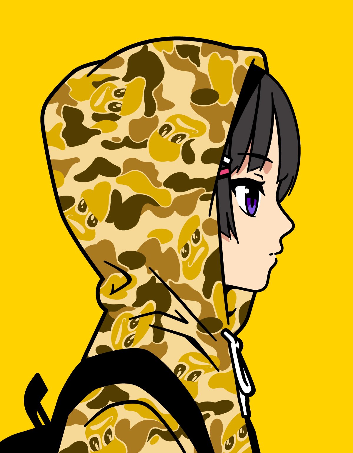 1girl alternate_costume backpack bag black_bag black_hair closed_mouth expressionless fashion from_side hair_ornament hairclip highres hood hood_up hoodie looking_ahead mode_aim nijisanji panasonynet peanuts-kun profile purple_eyes solo tied_drawstring tsukino_mito virtual_youtuber yellow_background yellow_hoodie