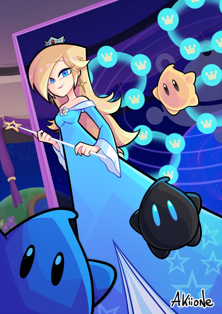 2023 akiione ambiguous_gender biped black_body blonde_hair blue_body blue_clothing blue_dress blue_eyes breasts clothing detailed_background dress ear_piercing female group hair holding_wand human long_hair luma mammal mario_bros nintendo not_furry piercing rosalina_(mario) smile standing star super_mario_galaxy yellow_body