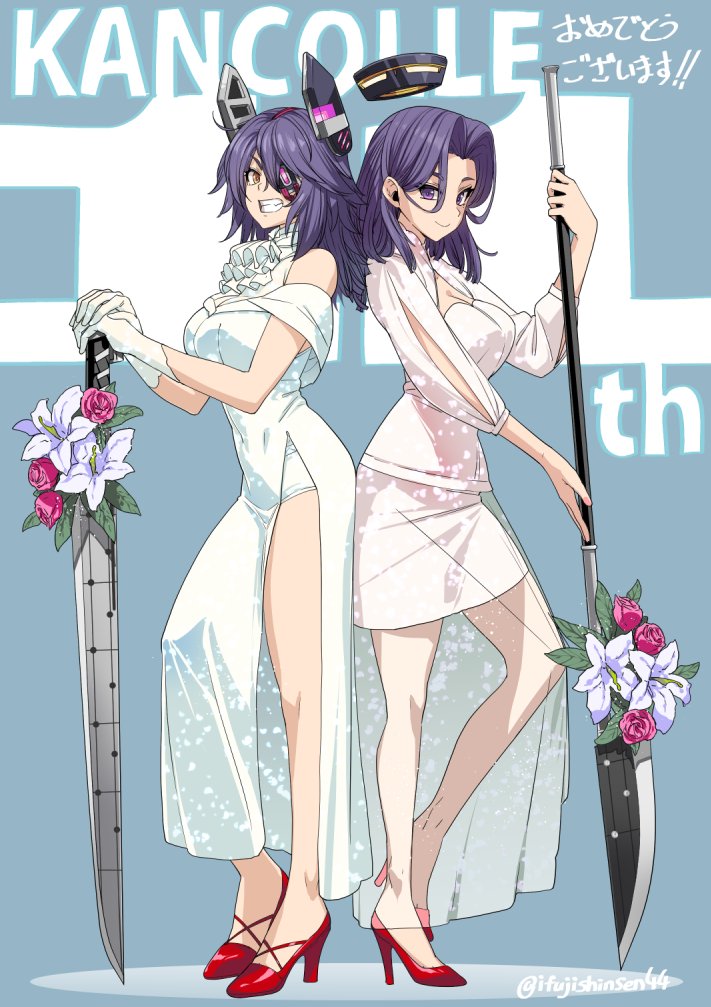 2girls alternate_costume bare_legs bare_shoulders breasts cleavage dress eyepatch flower full_body gloves hair_ornament halo hashtag-only_commentary headgear high_heels holding ifuji_shinsen kantai_collection large_breasts long_hair looking_at_viewer mechanical_ears mechanical_halo medium_hair multiple_girls planted planted_sword polearm purple_eyes purple_hair red_footwear sandals see-through shoes short_hair sleeveless smile standing sword tatsuta_(kancolle) tenryuu_(kancolle) weapon white_dress white_gloves yellow_eyes