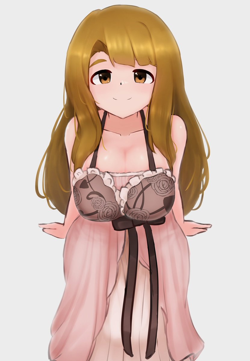 1girl bare_arms bare_shoulders breasts brown_eyes brown_hair cleavage closed_mouth collarbone cowboy_shot dot_nose floral_print forehead frilled_negligee frills grey_background hair_over_shoulder halterneck highres idolmaster idolmaster_million_live! idolmaster_million_live!_theater_days large_breasts layered_nightgown light_blush light_smile long_hair looking_at_viewer miyao_miya parted_bangs pink_negligee rose_print sexy_beautiful_(idolmaster) sidelocks simple_background sitting solo straight-on straight_hair thick_eyebrows yamikumo_rindo