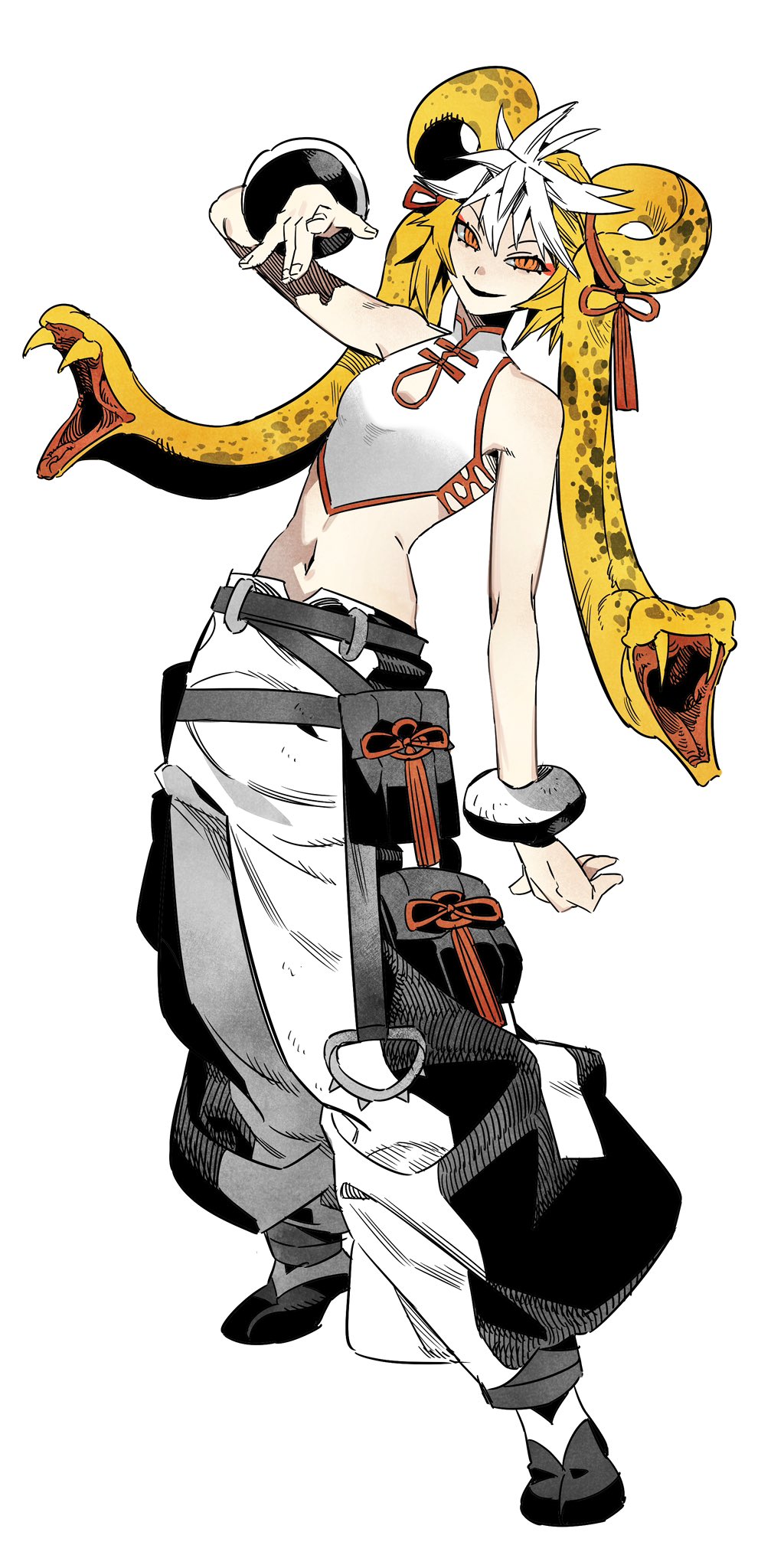 1girl blonde_hair breasts china_dress chinese_clothes copyright_request dress hair_between_eyes hair_ornament highres looking_at_viewer multicolored_hair navel now_drawing orange_eyes small_breasts smile snake_hair solo two-tone_hair white_hair wristband