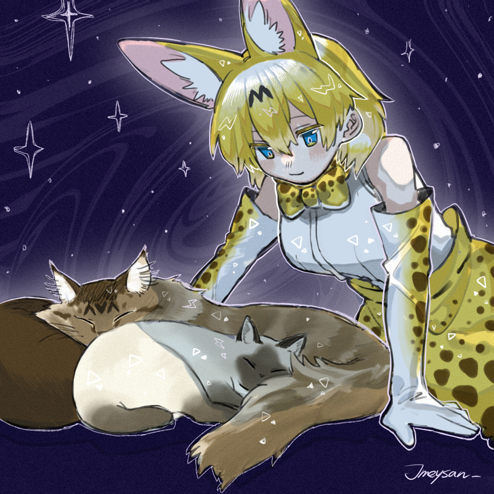 1girl animal animal_ears arm_support bad_id bare_shoulders blonde_hair blue_background blue_eyes bow bowtie cat elbow_gloves extra_ears gloves hair_between_eyes jmeysan kemono_friends leaning_forward looking_down print_bow print_bowtie print_skirt serval_(kemono_friends) serval_print shirt short_hair siamese_cat skirt sleeping sleeveless sleeveless_shirt smile solo sparkle white_shirt