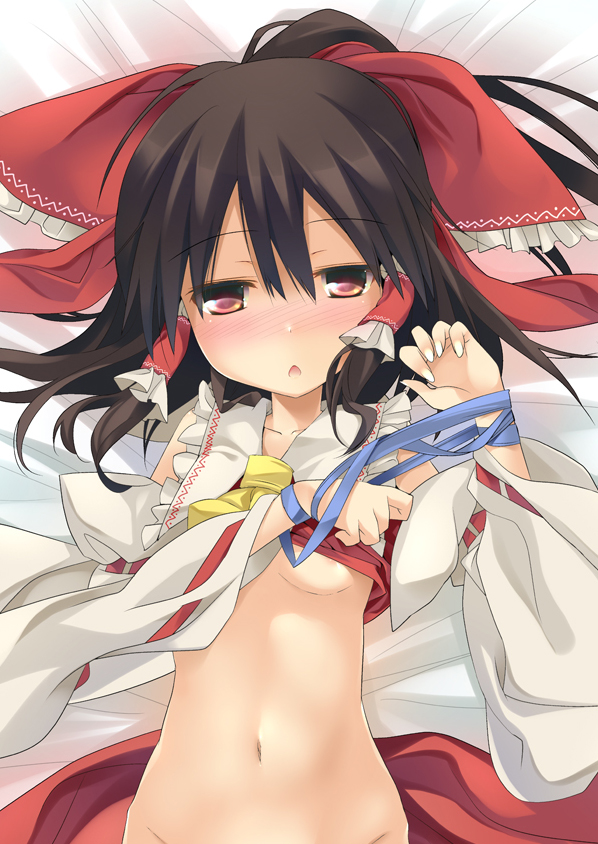ascot blush bottomless bow breasts brown_eyes brown_hair chestnut_mouth detached_sleeves entangled hair_bow hair_tubes hakurei_reimu half-closed_eyes long_sleeves lying midriff navel on_back open_mouth out-of-frame_censoring shirt_lift skirt skirt_removed small_breasts solo tororo touhou underboob wide_sleeves