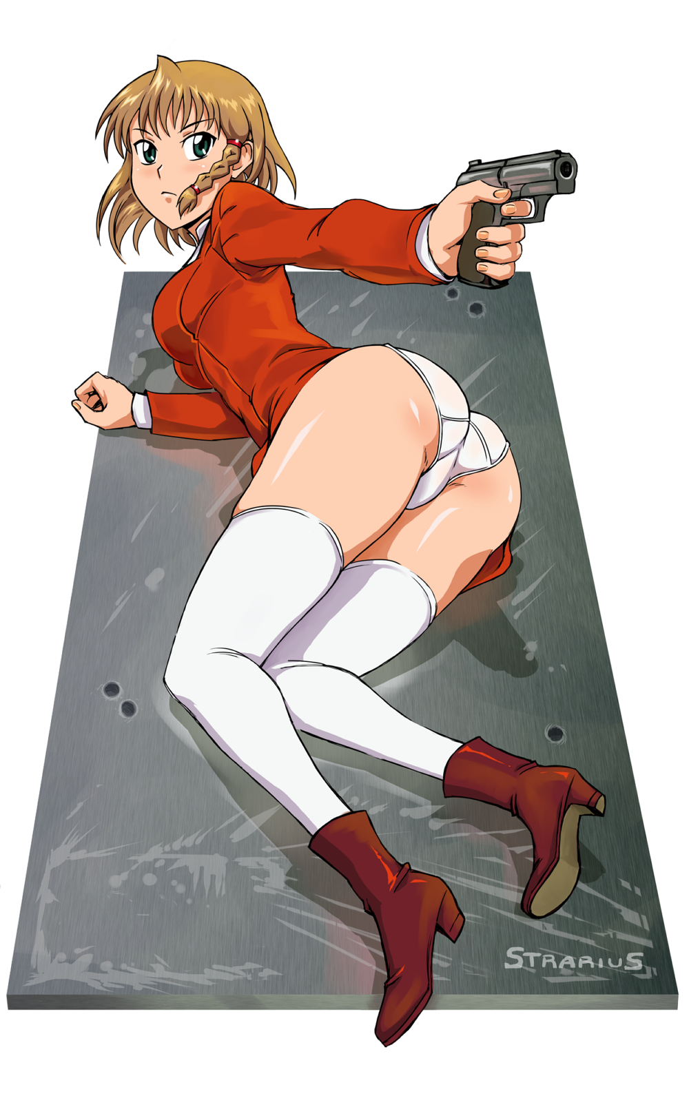 aika_(series) aika_r-16 aiming_at_viewer aqua_eyes arm_support artist_name ass bangs body_blush boots braid brown_footwear brown_hair closed_mouth crotch_seam dress eyebrows_visible_through_hair finger_on_trigger frown full_body gun handgun high_heel_boots high_heels highres holding holding_gun holding_weapon legs long_sleeves looking_at_viewer looking_back lying maigleco on_floor on_side outstretched_arm panties pantyshot pantyshot_(lying) pistol red_dress shirt shoe_soles short_hair side_braid single_braid solo sumeragi_aika thighhighs thighs transparent_background underwear weapon white_legwear white_panties white_shirt