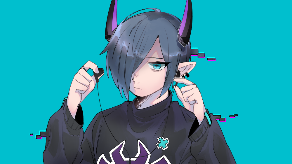 +_+ 1boy androgynous bad_id black_sweater blue_background blue_eyes blue_hair closed_mouth earphones expressionless glitch hair_between_eyes hair_over_one_eye hands_up holding holding_earphones horns jewelry jmeysan long_sleeves looking_at_viewer male_focus original pointy_ears ring short_hair simple_background solo sweater upper_body