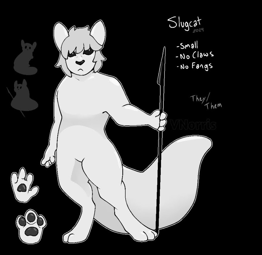 ambiguous_gender black_background black_eyes black_nose cel_shading english_text featureless_crotch holding_object holding_weapon humanoid intersex maleherm model_sheet nude pawpads paws puppetmaster13uwu rain_world shaded silhouette simple_background slugcat slugcat_humanoid solo standing tail text thick_tail videocult weapon white_body