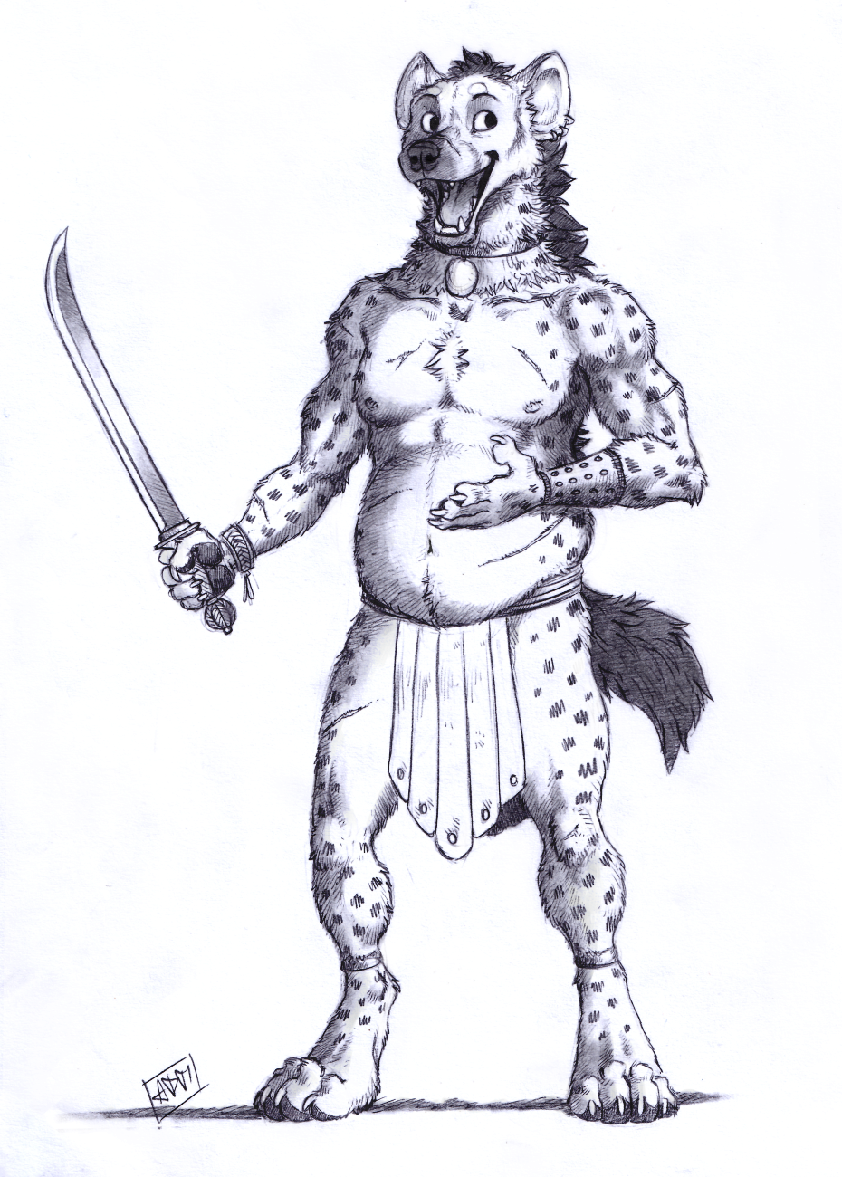 0laffson anthro biped claws fangs fingers fur hi_res holding_object holding_weapon hyena male mammal monochrome open_mouth open_smile paws smile solo tail teeth weapon